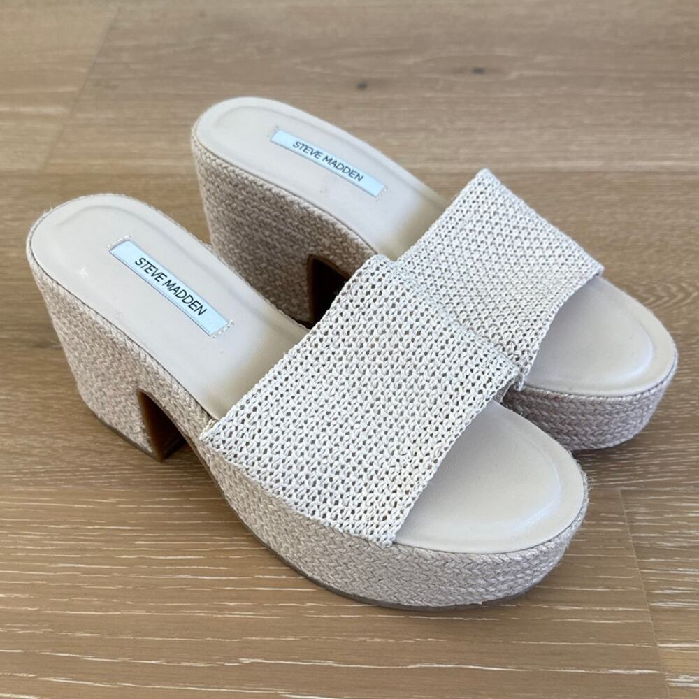 Steve Madden Raffia Slide Platform Sandals Trippy Size US 6 Cream Beige